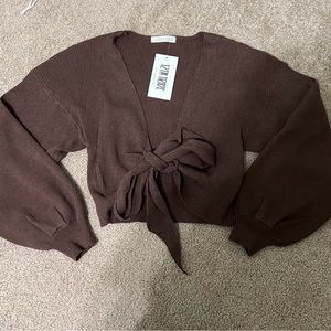 12th Tribe Women’s Cropped Tie Sweater in Brown